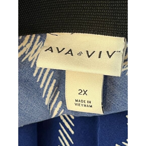 Ava & Viv Blue White Windowpane Midi A-Line Skirt Plus 2X - Picture 2 of 13
